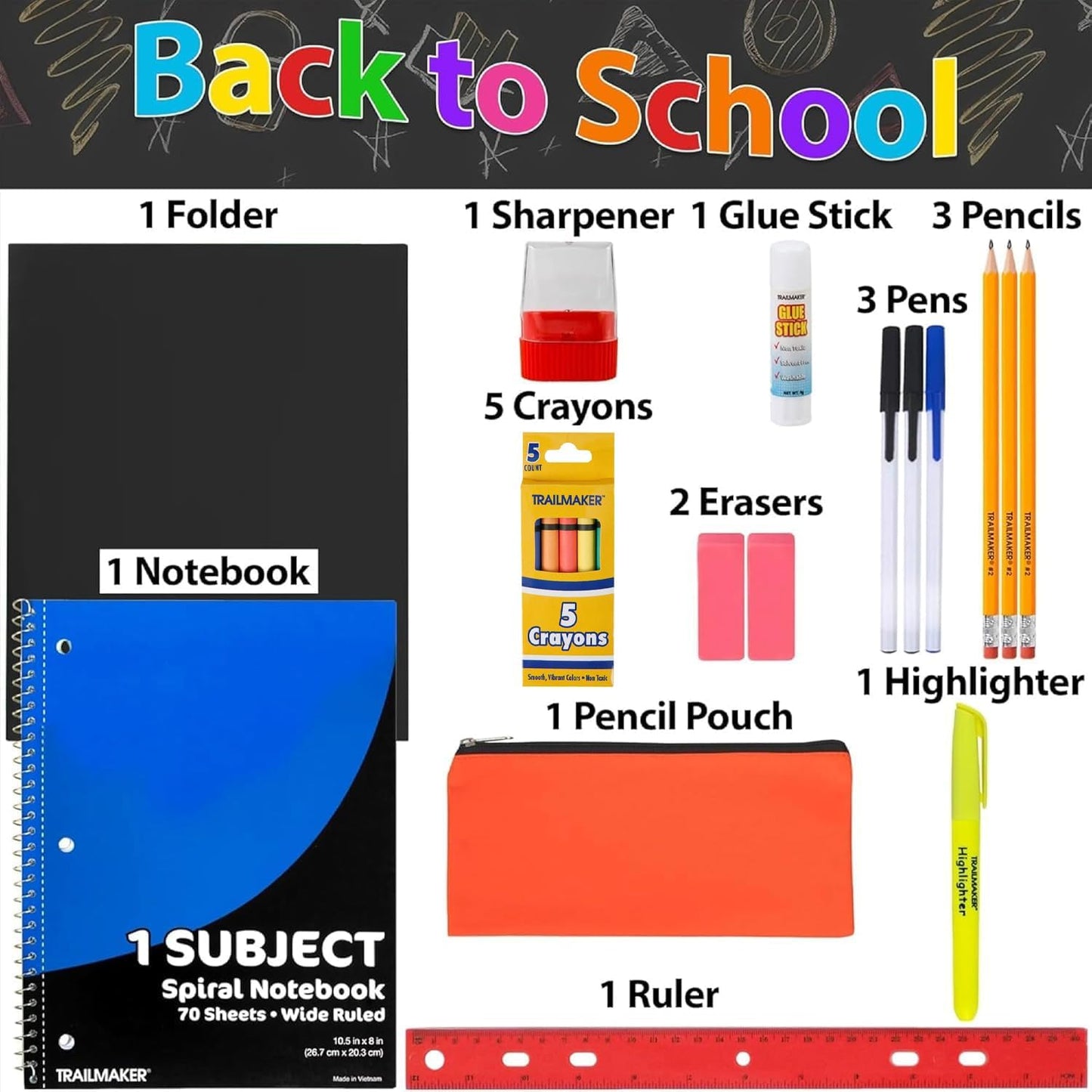 Trail maker 24 Pack Bulk Back to School Supplies for Kids | 20 Piece School Supply Kits in Bulk for Kindergarten, Elementary, K-12 with Notebook, Crayons, Pencils, and More