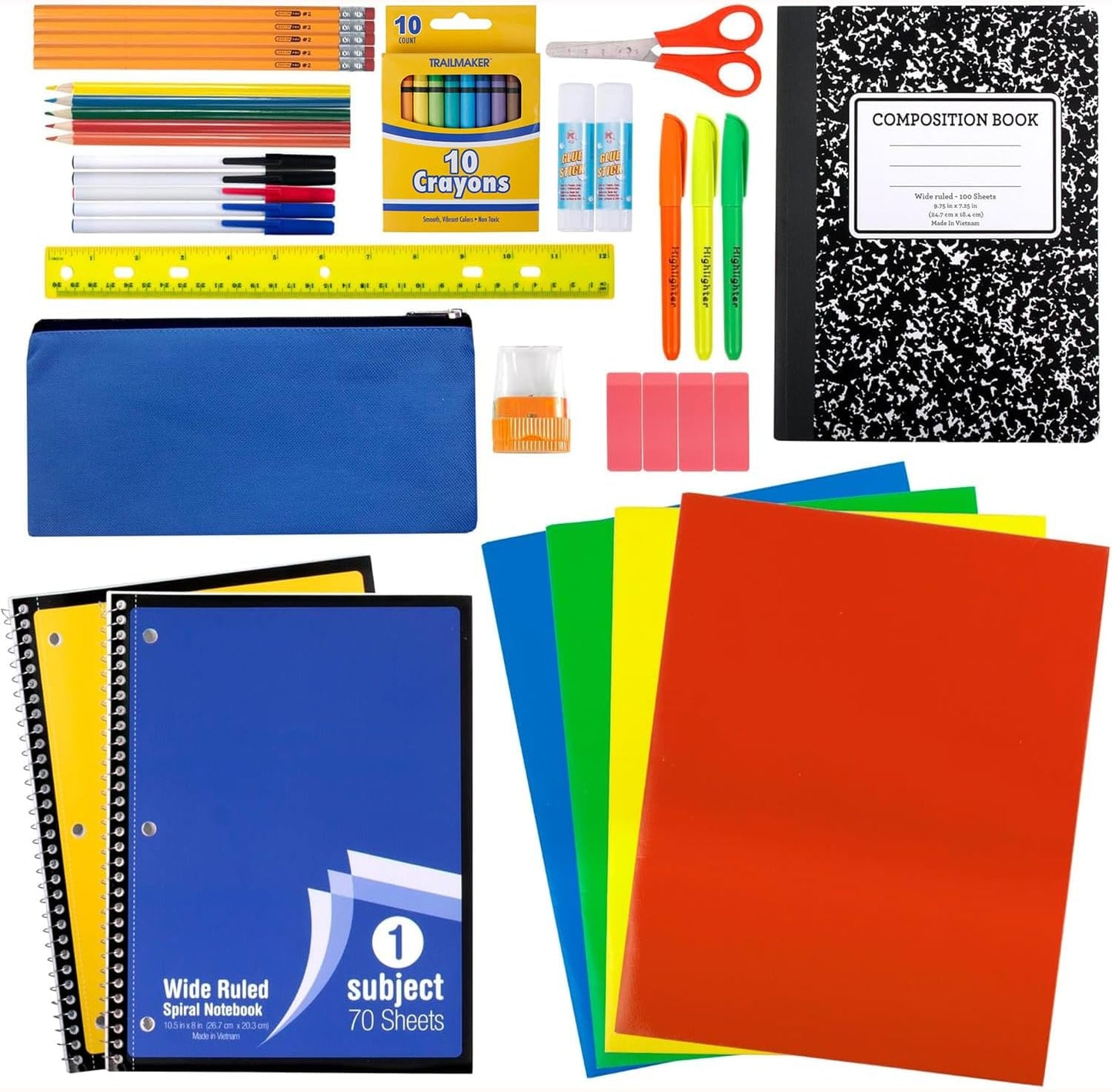 Trail maker 45 Piece School Supply Kit Grades K-12 - School Essentials Includes Folders Notebooks Pencils Pens and Much More!