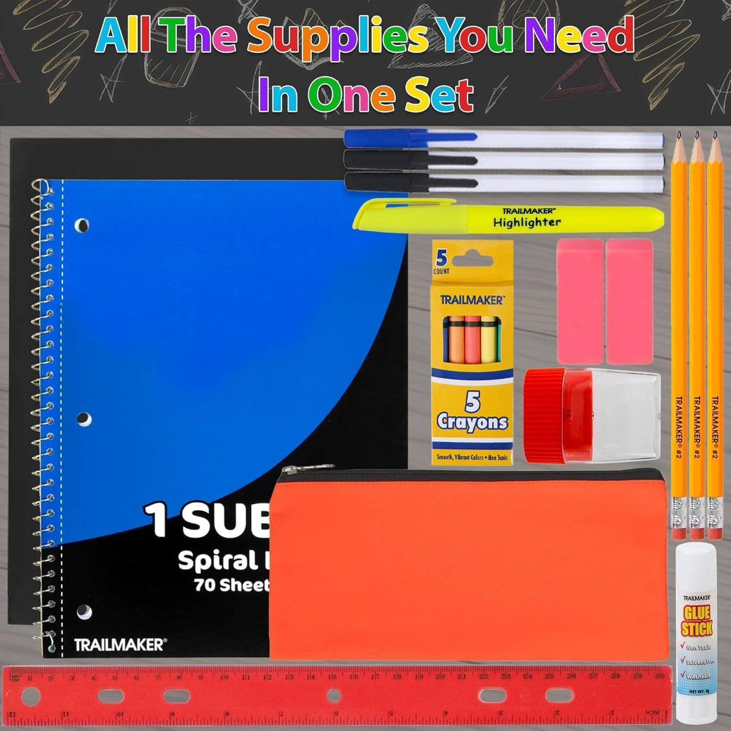Trail maker 24 Pack Bulk Back to School Supplies for Kids | 20 Piece School Supply Kits in Bulk for Kindergarten, Elementary, K-12 with Notebook, Crayons, Pencils, and More