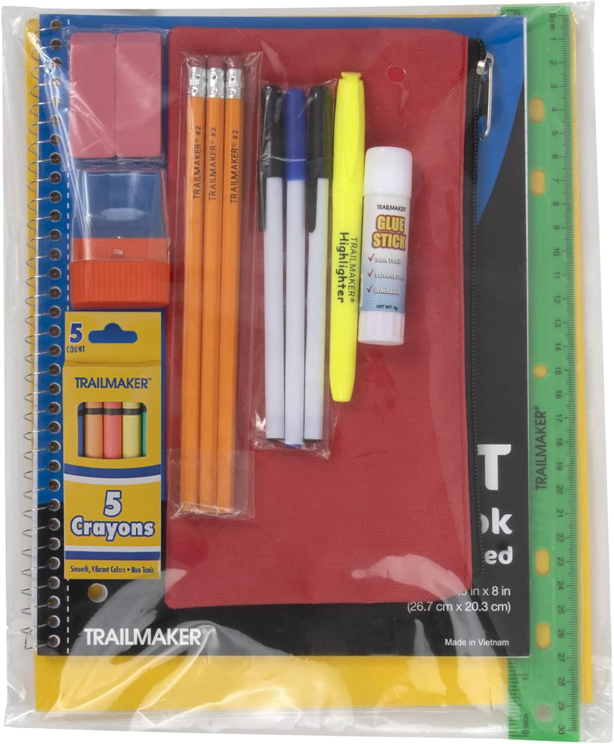 Trail maker 24 Pack Bulk Back to School Supplies for Kids | 20 Piece School Supply Kits in Bulk for Kindergarten, Elementary, K-12 with Notebook, Crayons, Pencils, and More