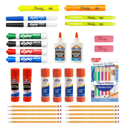 School Supplies Kit Highlighters Mechanical Pencils Glue Sticks Erasers Permanent Markers Gel Pens Pencils School Glue and more from Sharpie Elmer’s Paper Mate & Expo 38 pieces
