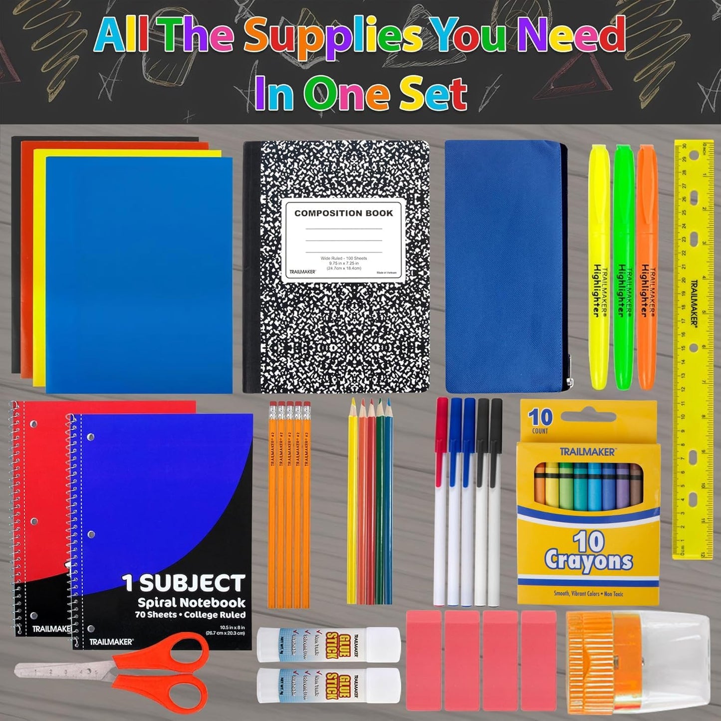 Trail maker 45 Piece School Supply Kit Grades K-12 - School Essentials Includes Folders Notebooks Pencils Pens and Much More!