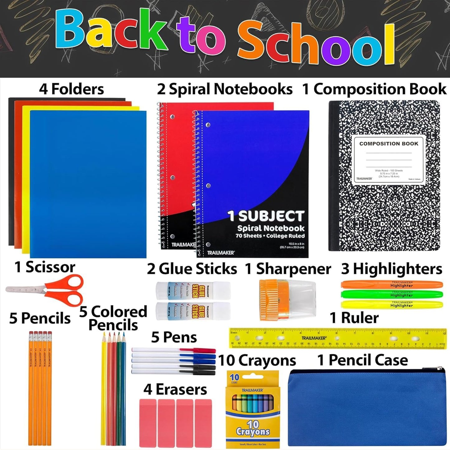 Trail maker 45 Piece School Supply Kit Grades K-12 - School Essentials Includes Folders Notebooks Pencils Pens and Much More!