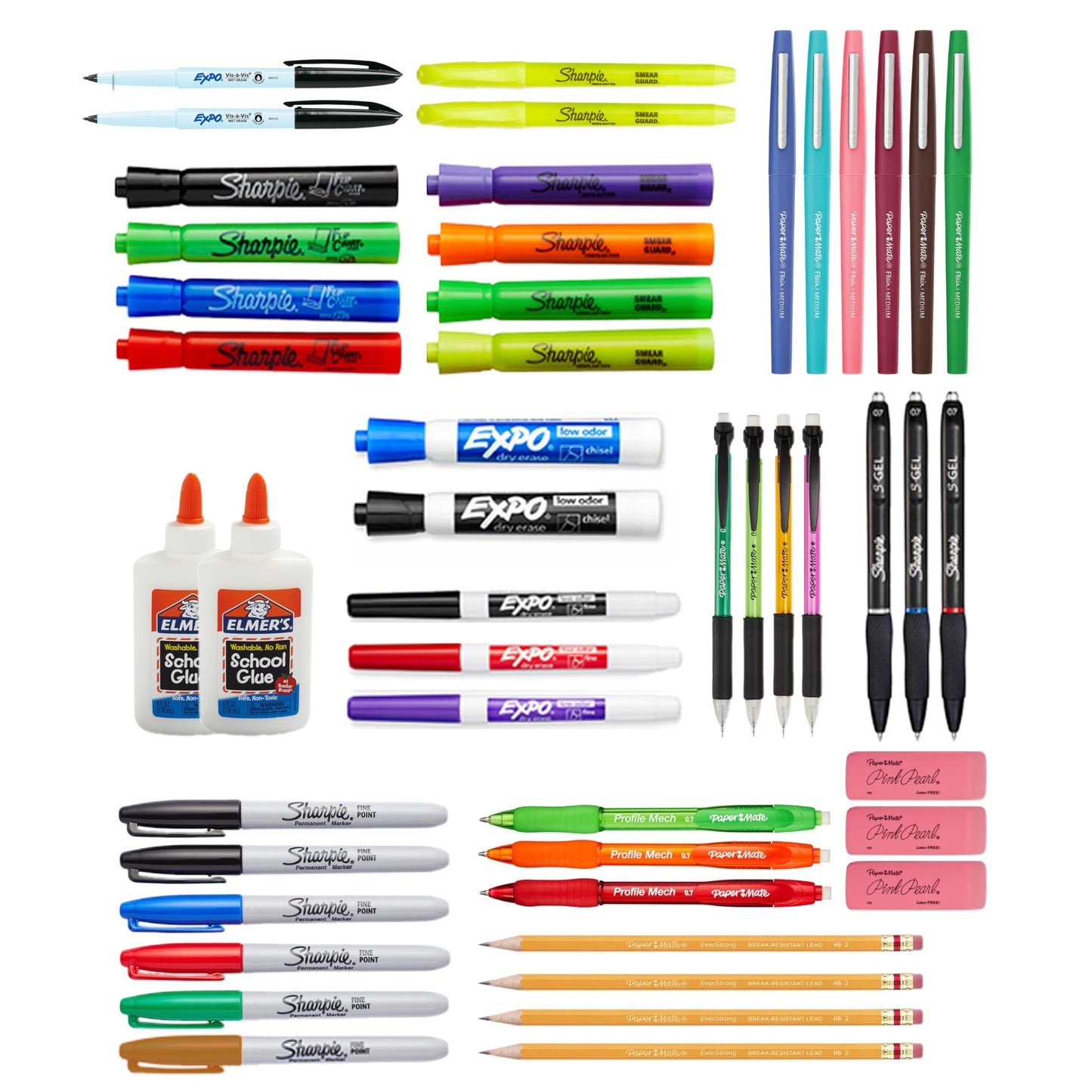 School Supplies Kit Highlighters Mechanical Pencils Glue Sticks Erasers Permanent Markers Gel Pens Pencils School Glue and more from Sharpie Elmer’s Paper Mate & Expo 38 pieces