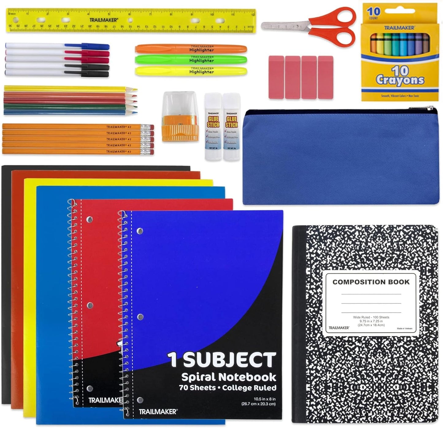 Trail maker 45 Piece School Supply Kit Grades K-12 - School Essentials Includes Folders Notebooks Pencils Pens and Much More!